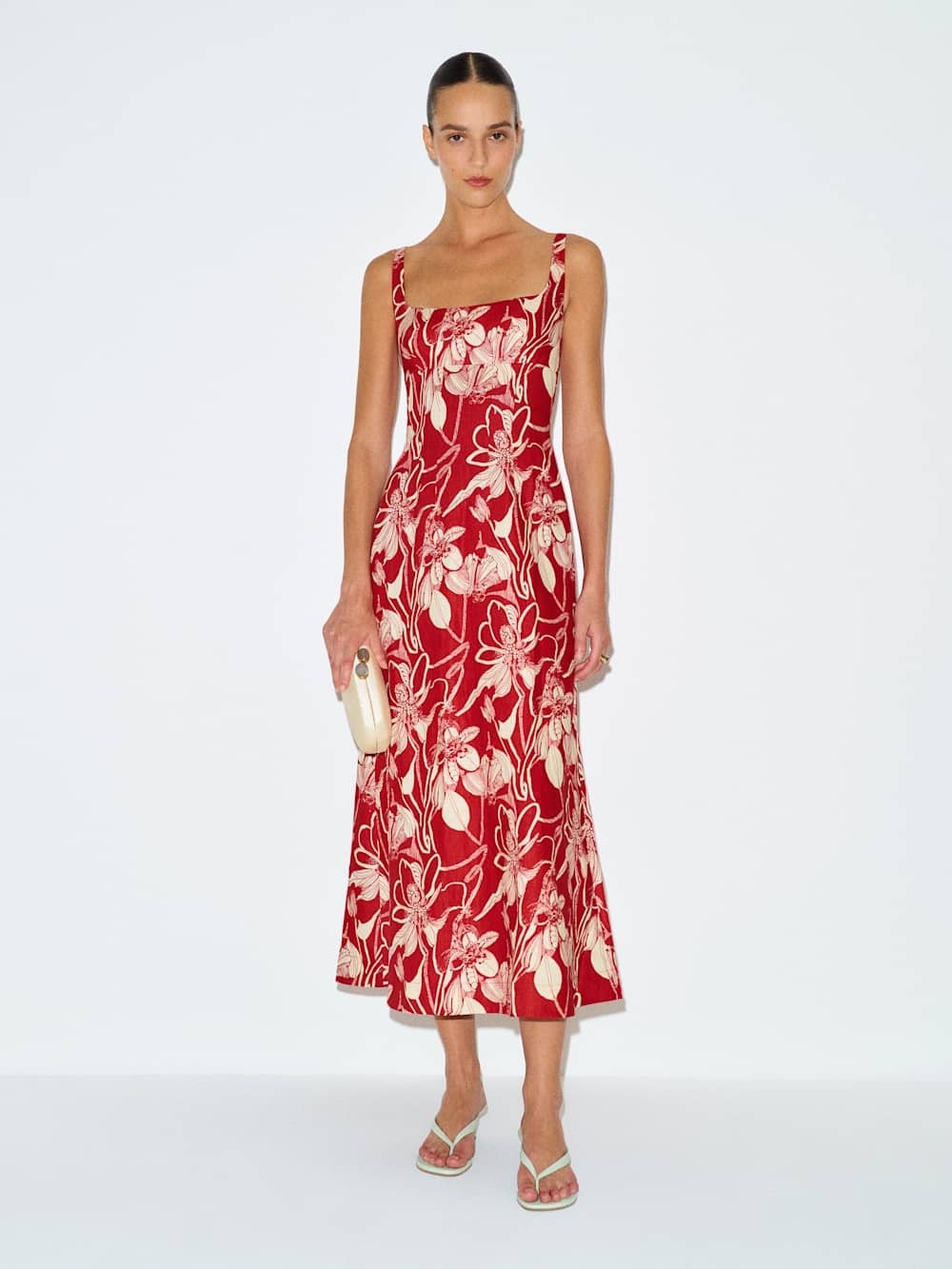 Reformation Sabine Size 8 Red Floral Square-Neck Midi Dress